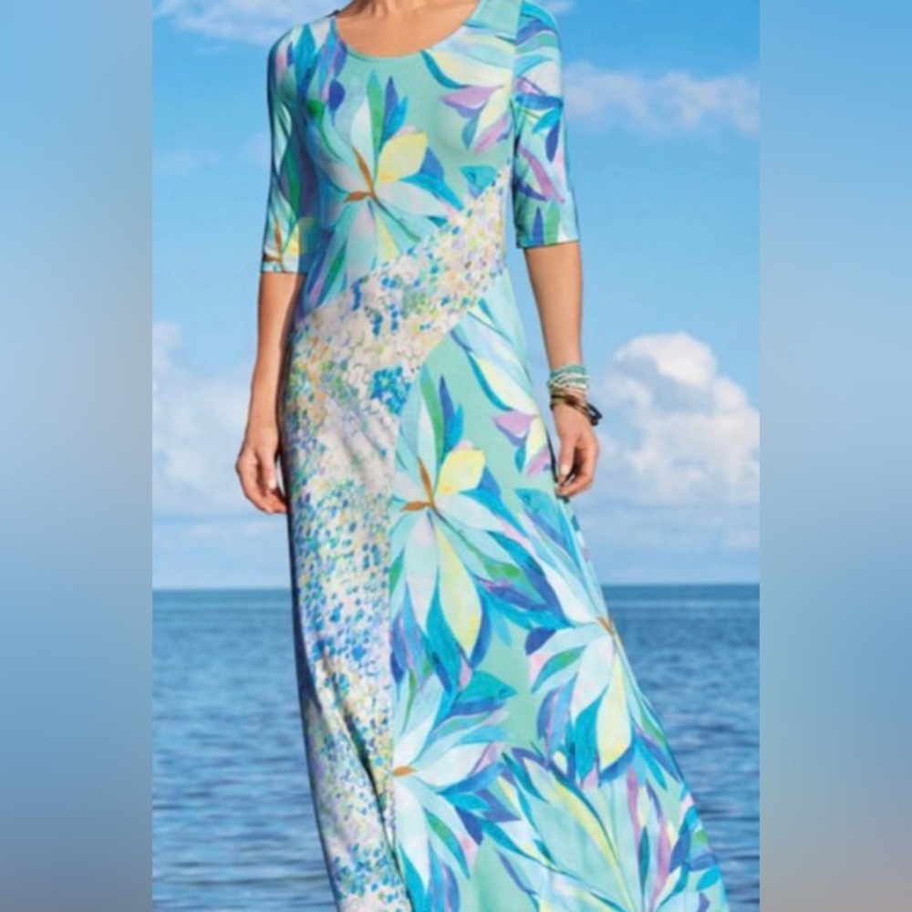 🦋Soft Surroundings Stella Dress Painterly Blue Floral Pattern Maxi NWOT! Large